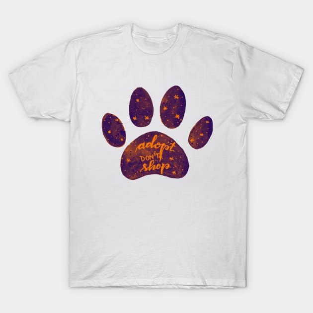 Adopt don't shop watercolor galaxy paw - purple and orange T-Shirt by wackapacka